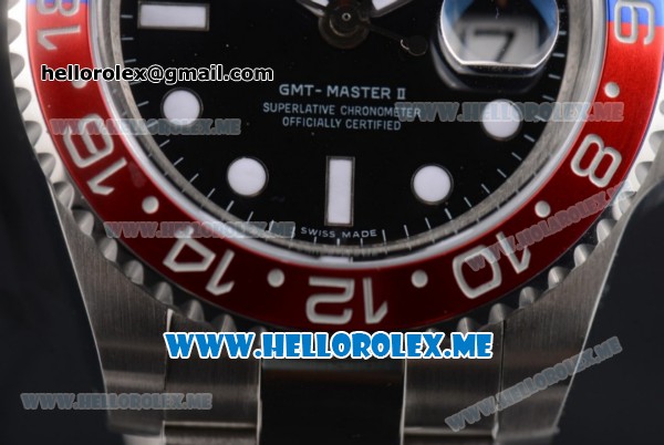 Rolex GMT-Master II Clone Rolex 3186 Automatic Stainless Steel Case/Bracelet with Black Dial and White Markers Red/Blue Bezel (BP) - Click Image to Close